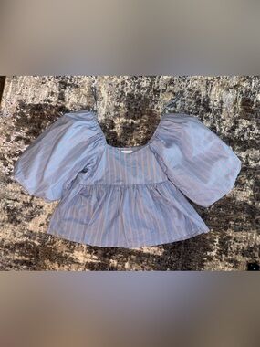 Striped Blue Puff-Sleeve Peplum Top